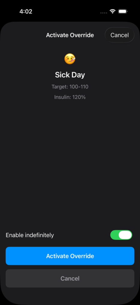  override activation sheet