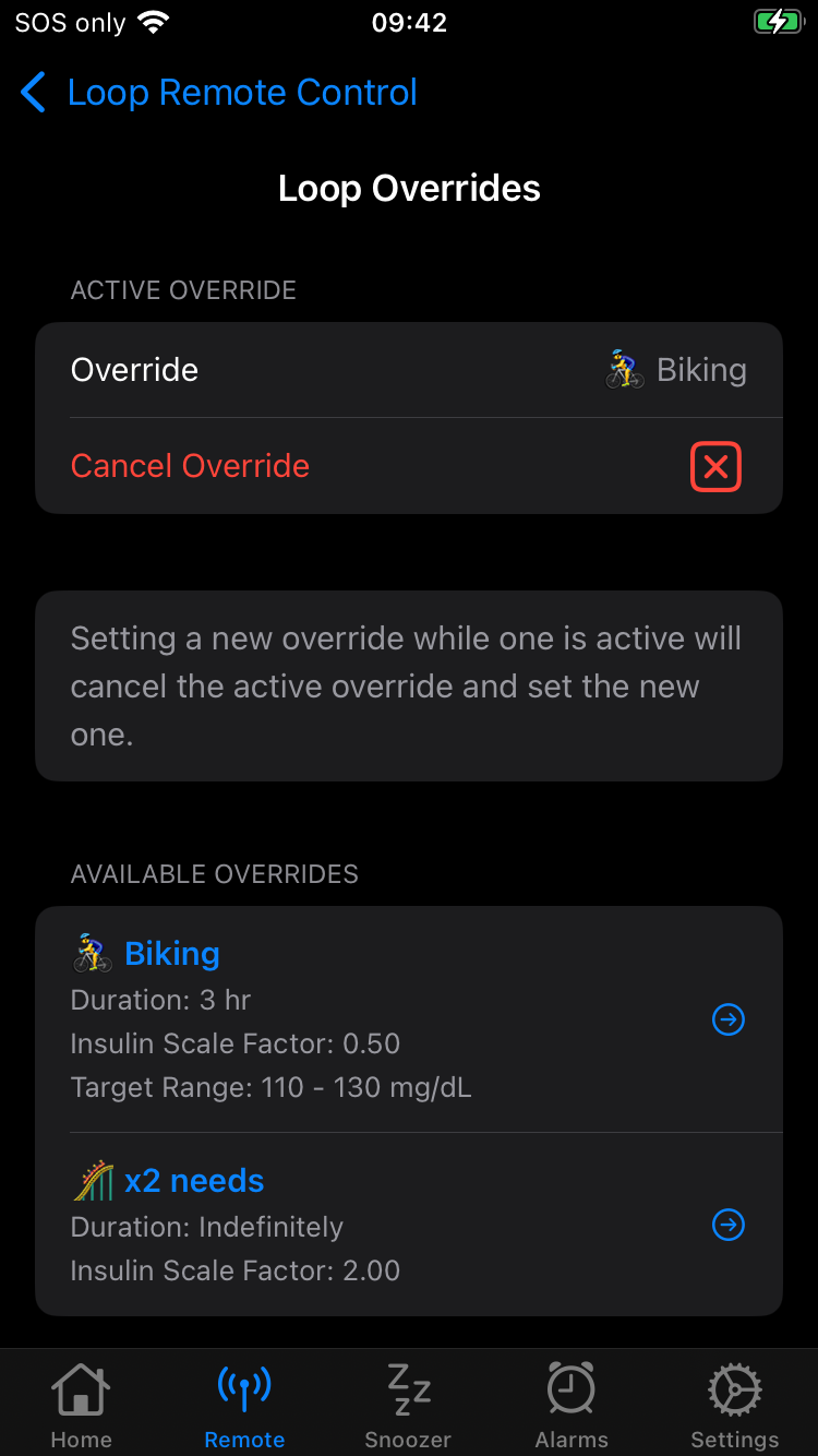 details of override screen for Loop with Nightscout option selected