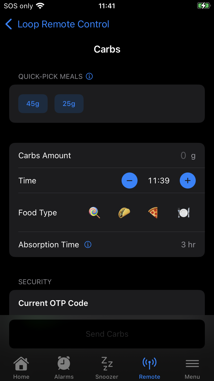 Quick-Pick Meals on the remote Carbs screen