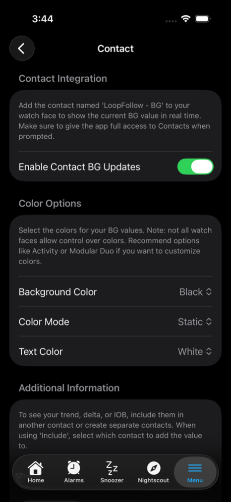 Contact settings screen
