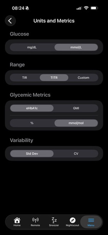 Units and Metrics screen